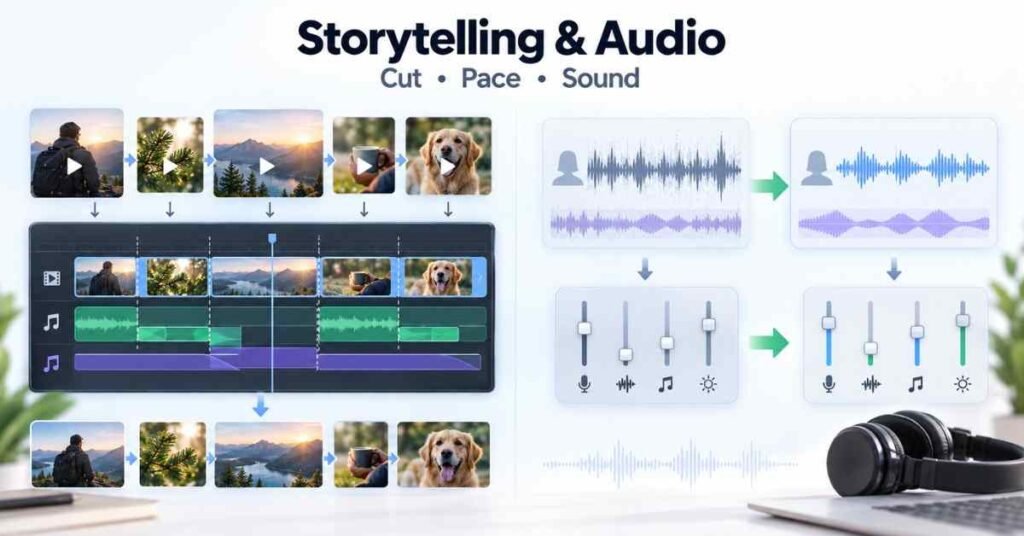 Video editing roadmap illustration showing cuts, pacing, storytelling and clean audio workflow. | FLM | FrontlinesEduTech |