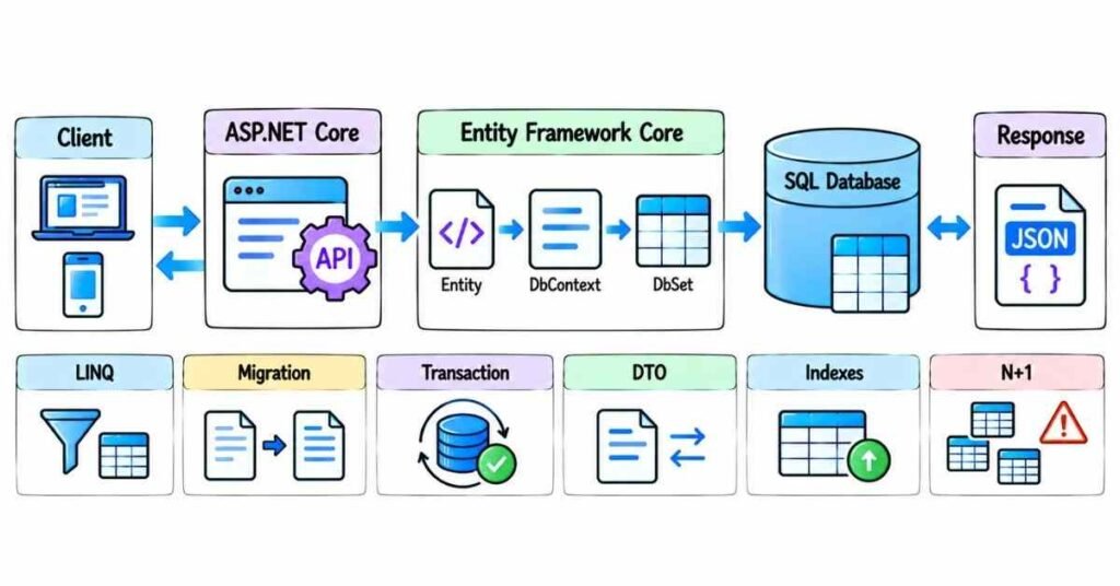 Entity Framework Core SQL database access DbContext LINQ and DTOs | flm | frontlines edutech
