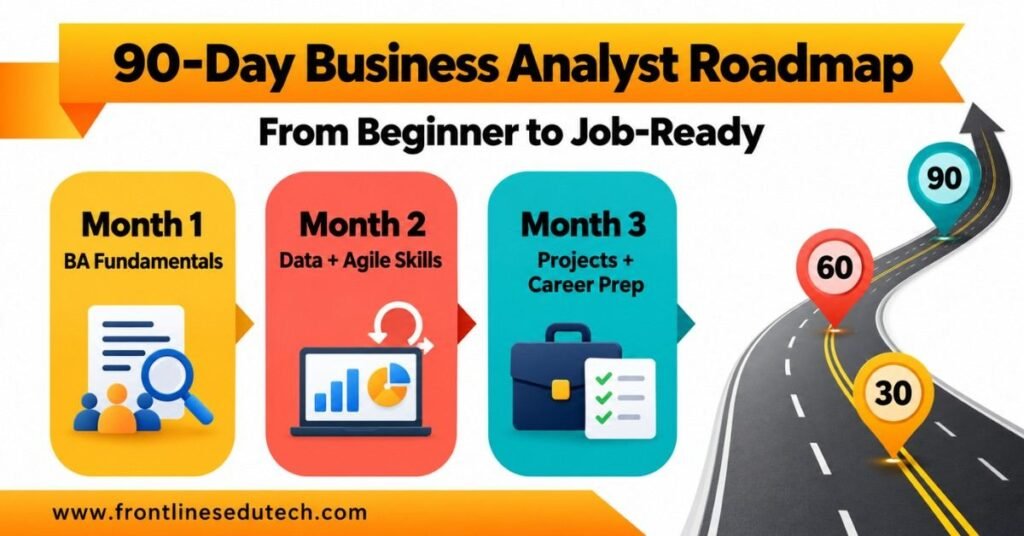 Business Analytics course roadmap covering requirements, SQL, Power BI, Agile, UAT and career preparation. | FLM | FrontlinesEduTech |