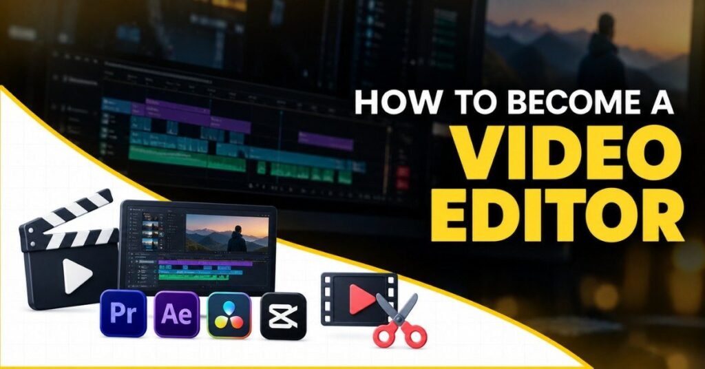How to Become a Video Editor guide covering editing skills, storytelling, portfolio building and job preparation. | FLM | FrontlinesEduTech |