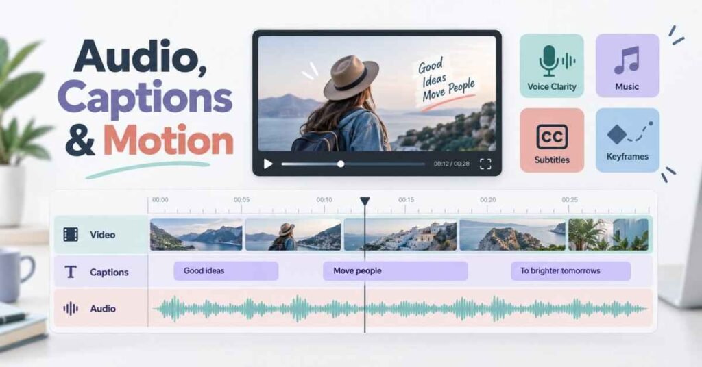 How to Become a Video Editor visual showing audio waveform, captions and motion elements on a timeline. | FLM | FrontlinesEduTech |