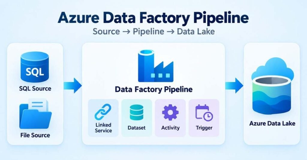 Azure Data Engineer pipeline showing Data Factory moving source data into Azure Data Lake. | FLM | FrontlinesEduTech |