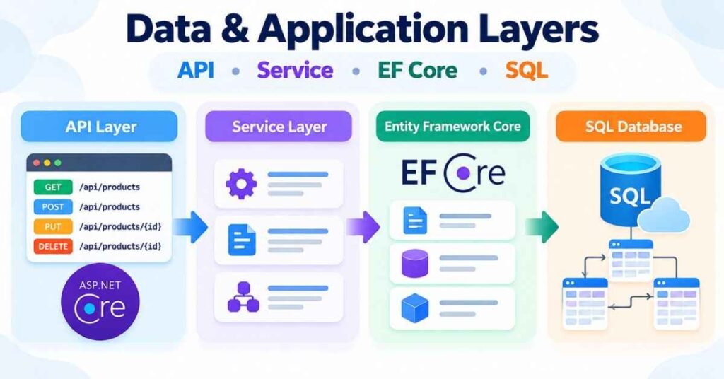 .NET Core Developer with Microservices layered architecture showing API, service, EF Core and SQL database flow. | FLM | FrontlinesEduTech |
