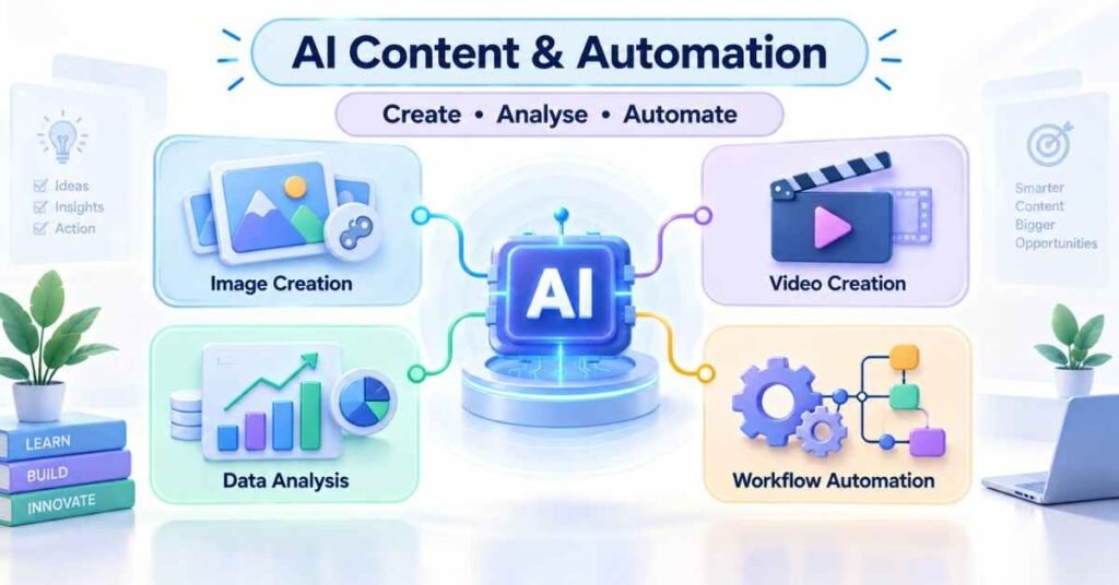 AI Mastery Roadmap graphic showing content creation, data analysis and automation tools. | FLM | FrontlinesEduTech |