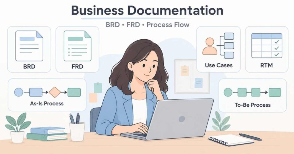 Business Analytics course roadmap showing BRD, FRD, use cases and process modelling concepts. | FLM | FrontlinesEduTech |