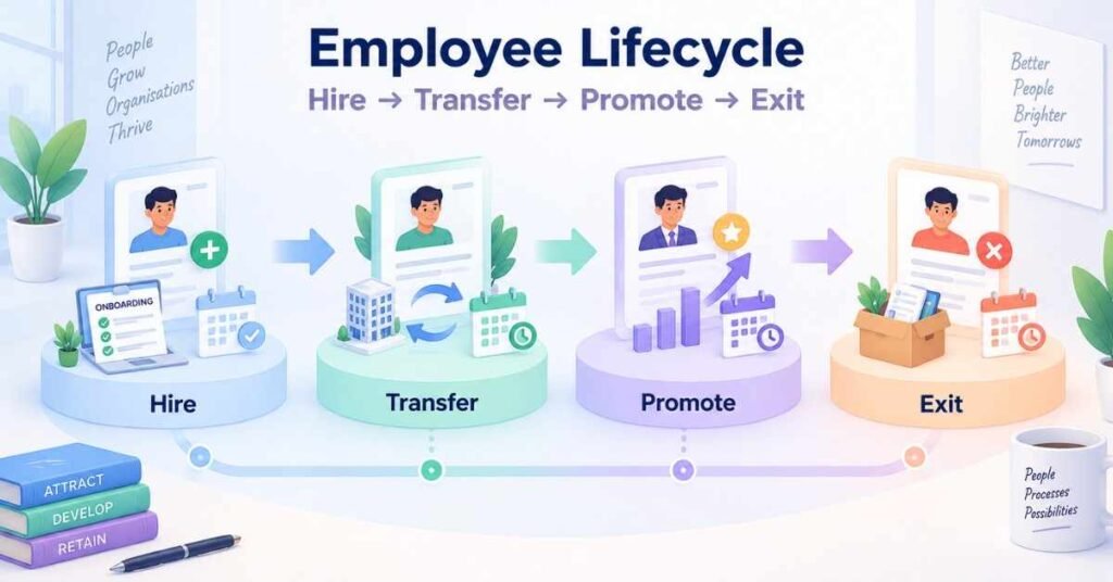 Workday HCM Course roadmap showing hire, transfer, promotion and termination stages in the employee lifecycle. | FLM | FrontlinesEduTech |