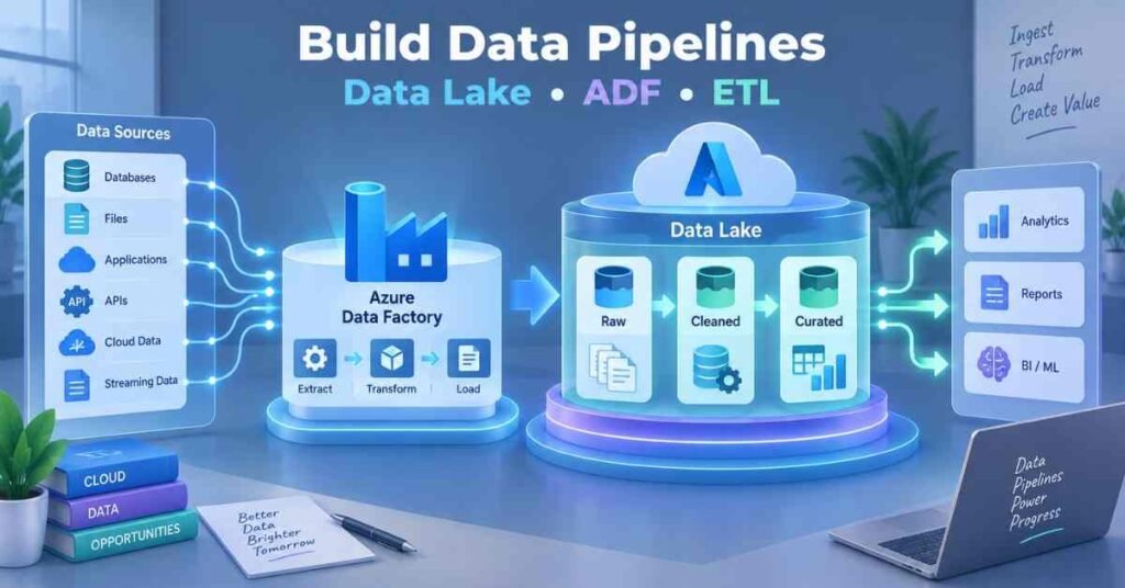 Azure Data Engineer pipeline visual showing Data Lake, Data Factory and ETL flow. | FLM | FrontlinesEduTech |