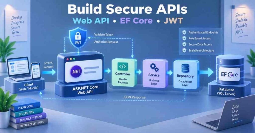 .NET Core with Microservices Roadmap showing Web API, EF Core, JWT security and database access. | FLM | FrontlinesEduTech |