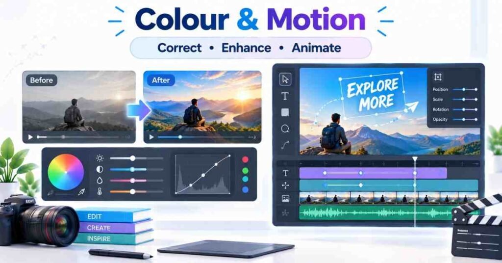 Video editing roadmap showing colour correction, keyframes and motion graphics concepts. | FLM | FrontlinesEduTech |