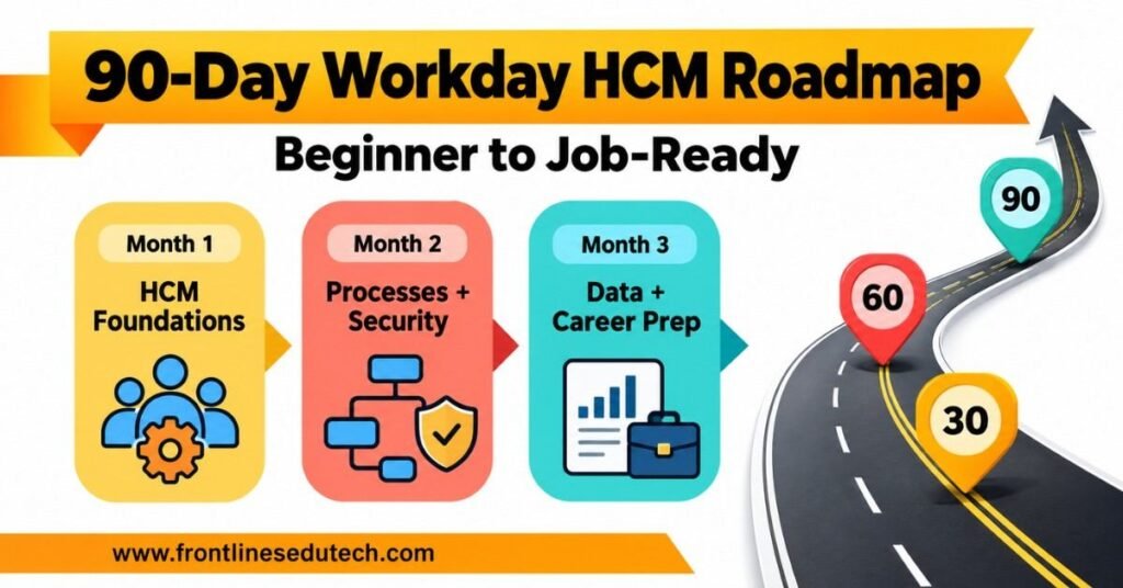 Workday HCM Course roadmap showing a 90-day path through staffing, security, reporting and employee processes. | FLM | FrontlinesEduTech |