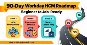 Workday HCM Course roadmap showing a 90-day path through staffing, security, reporting and employee processes. | FLM | FrontlinesEduTech |