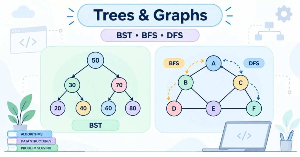 Trees and graphs illustration showing BST, BFS and DFS traversal concepts. | FLM | FrontlinesEduTech |