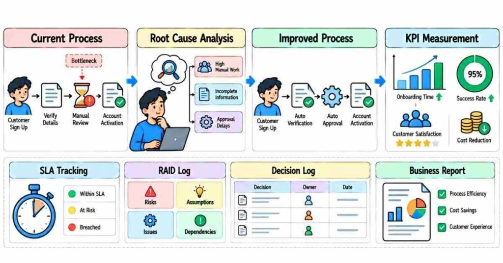 Business process improvement KPI dashboard and BA documentation