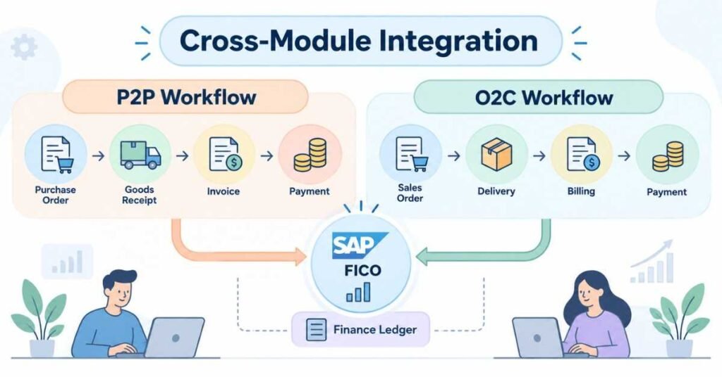 Cross-module integration showing P2P and O2C workflows connected to finance. | FLM | FrontLinesEduTech |