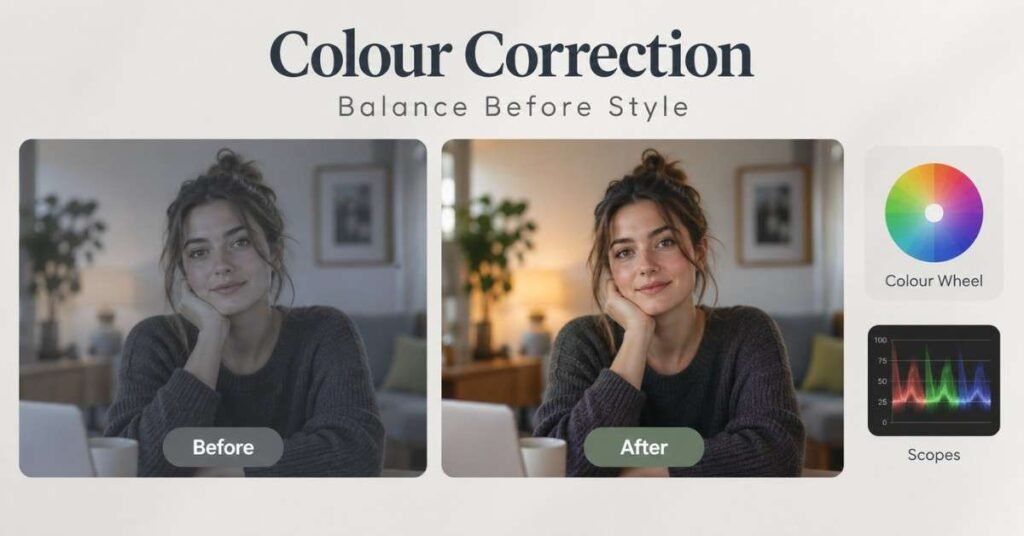 Video colour correction comparison showing exposure, white balance and skin tone improvement. | FLM | FrontlinesEduTech |