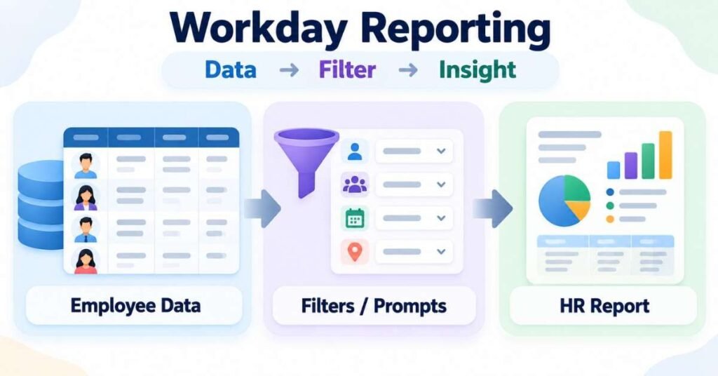 Workday reporting process showing employee data, filters, prompts and HR reports. | FLM | FrontlinesEduTech |