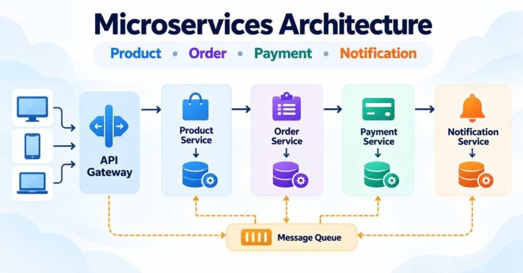 Microservices architecture with product, order, payment and notification services. | FLM | FrontlinesEduTech |