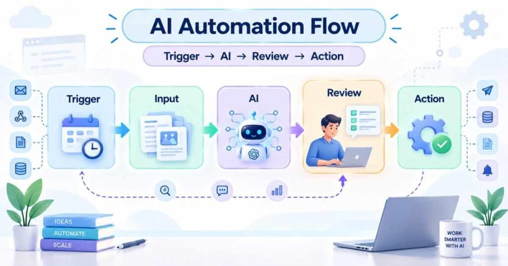 AI Automation workflow showing trigger, processing, human review and final action. | FLM | FrontlinesEduTech |