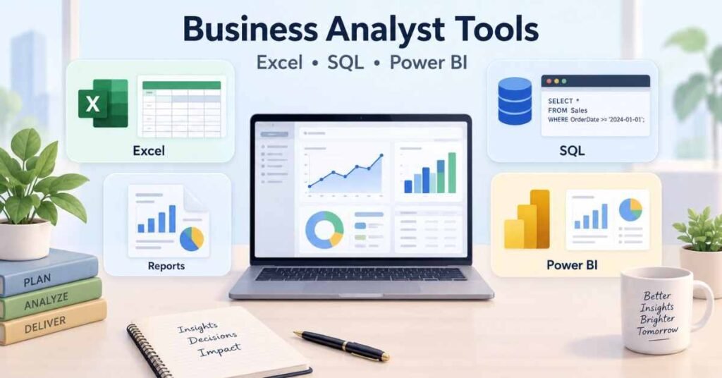 Business analyst tools illustration showing Excel, SQL, dashboards and Power BI reporting. | FLM | FrontlinesEduTech |