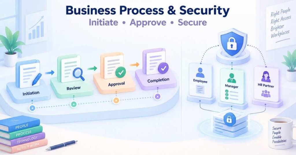 Workday business process and security workflow showing approvals and role-based access. | FLM | FrontlinesEduTech |
