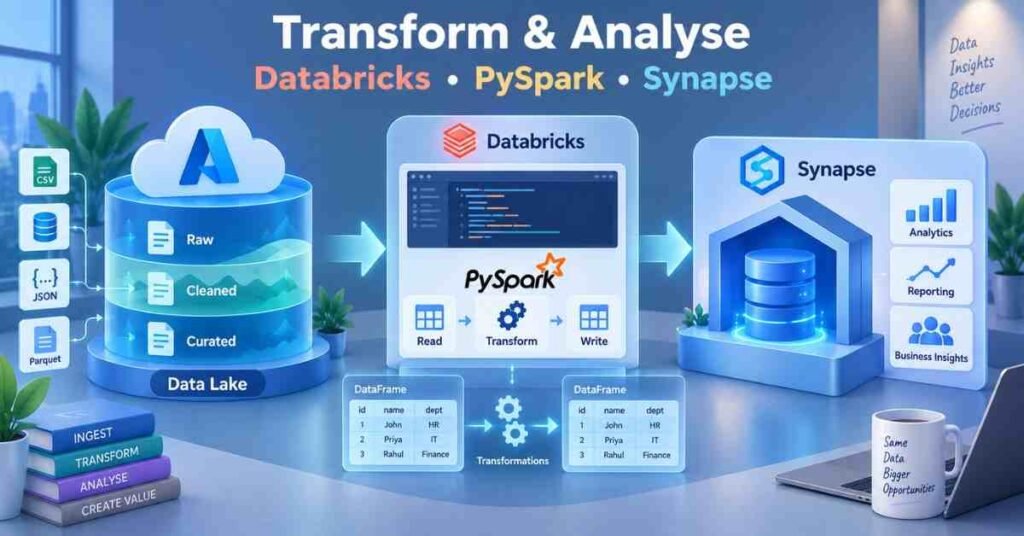 Databricks, PySpark and Synapse workflow showing data transformation and analytics. | FLM | FrontlinesEduTech |