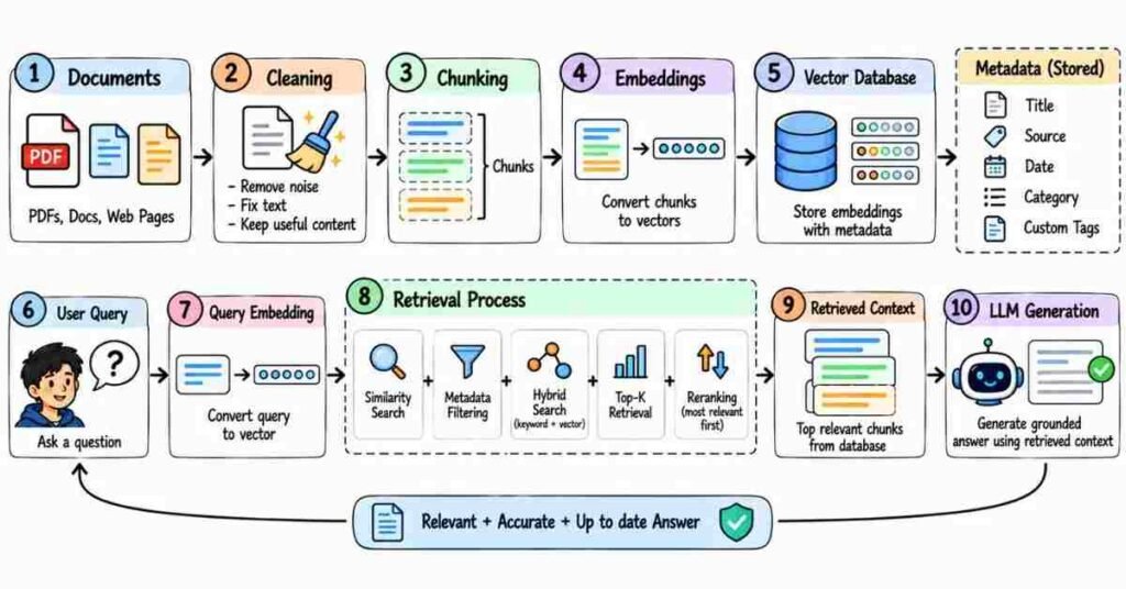 RAG pipeline with embeddings vector database retrieval and grounded AI answer