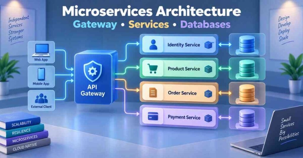 Microservices architecture showing API Gateway, Identity, Product, Order and Payment services with separate databases. | FLM | FrontlinesEduTech |