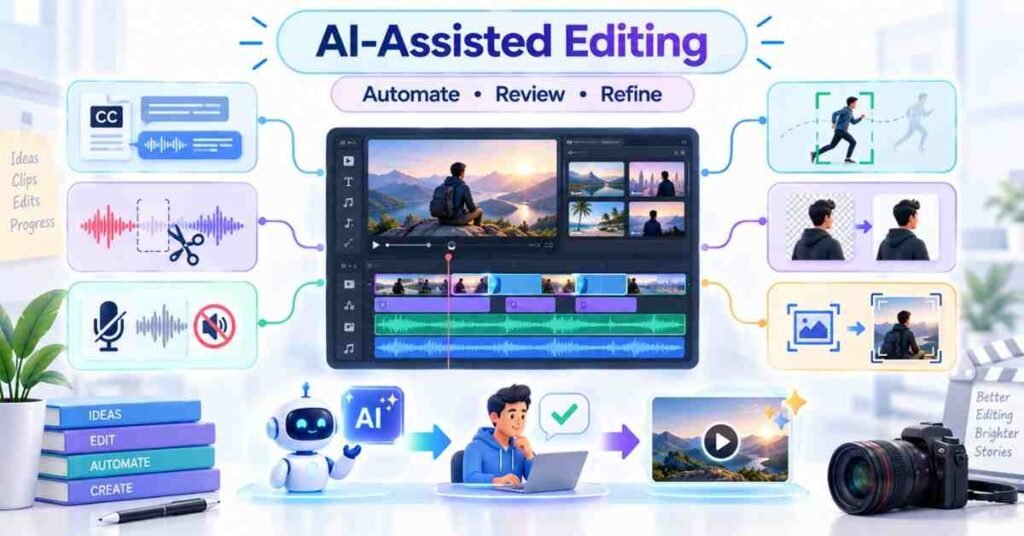 AI-assisted editing workflow showing subtitles, noise reduction, object tracking and automatic reframing. | FLM | FrontlinesEduTech |