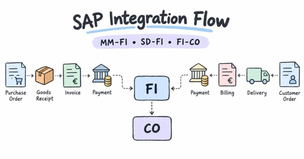 SAP integration flow showing MM-FI, SD-FI and FI-CO business processes. | FLM | FrontlinesEduTech |