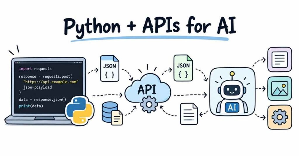 Python and APIs for AI showing code, API connection, files and application flow. | FLM | FrontlinesEduTech |