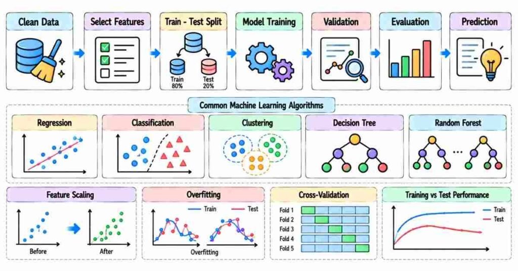 Machine learning workflow with regression classification evaluation and overfitting