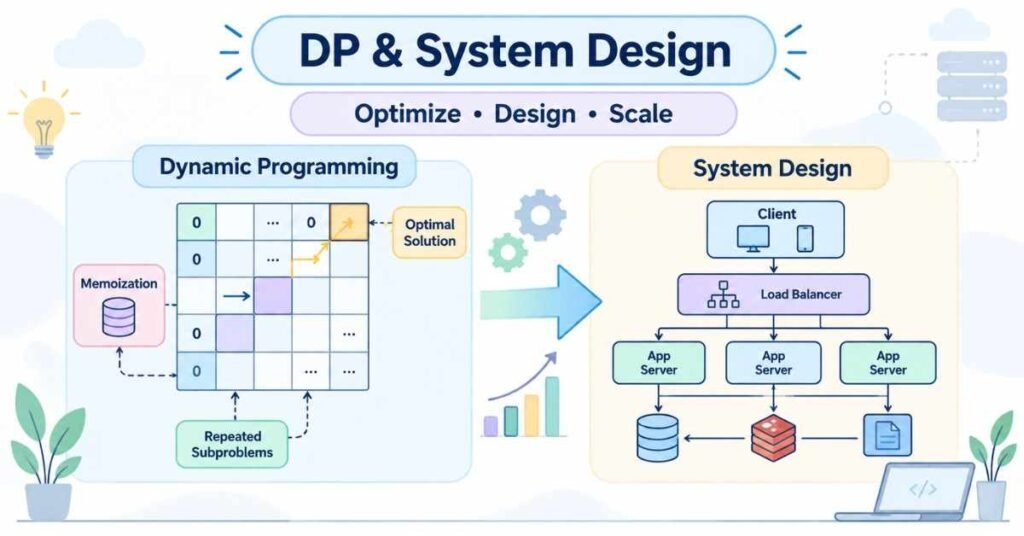Dynamic programming and system design visual showing memoization and architecture concepts. | FLM | FrontlinesEduTech |