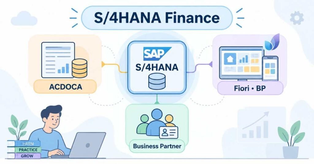 S/4HANA Finance visual with ACDOCA, Fiori, and Business Partner concepts. | FLM | FrontLinesEduTech |