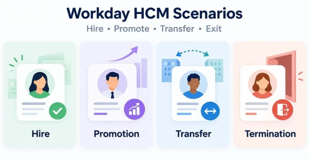 Workday HCM practical scenarios showing hire, promotion, transfer and termination processes. | FLM | FrontlinesEduTech |