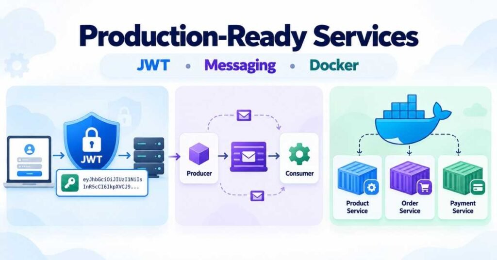 Backend services visual showing JWT authentication, messaging and Docker containers. | FLM | FrontlinesEduTech |