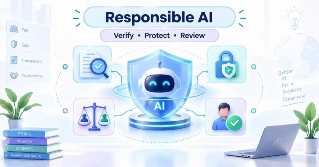 Responsible AI illustration showing privacy, verification, bias review and human approval. | FLM | FrontlinesEduTech |