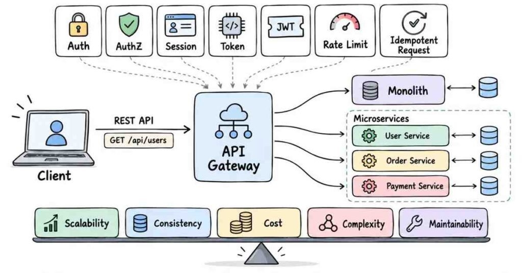 High-level system design APIs authentication microservices and trade-offs