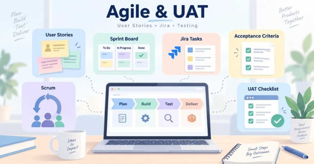 Agile and UAT workflow showing user stories, Jira tasks, testing and acceptance criteria. | FLM | FrontlinesEduTech |