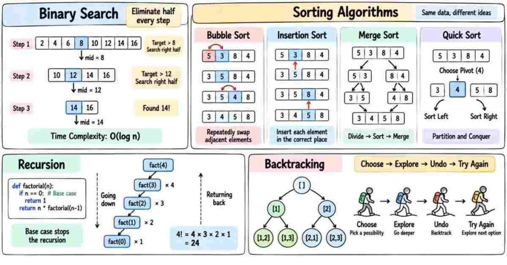 Python searching sorting recursion and backtracking concepts