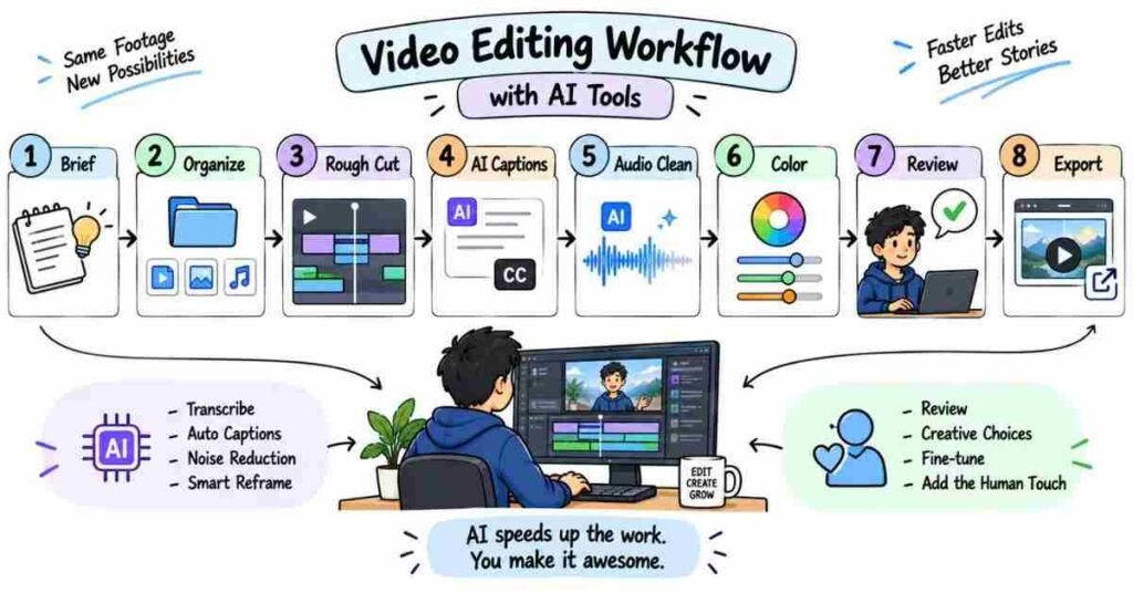 Video editing workflow with AI tools and human review