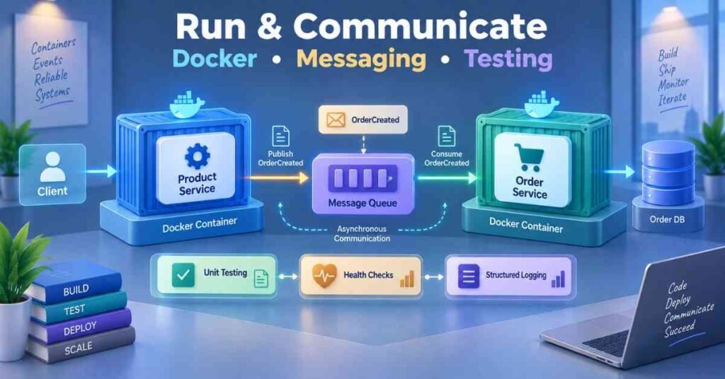 Docker containers and messaging workflow showing service communication, testing and monitoring in a backend system. | FLM | FrontlinesEduTech |