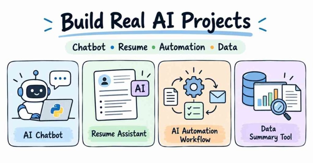 AI project gallery showing chatbot, resume assistant, automation workflow and data summary tool. | FLM | FrontlinesEduTech |