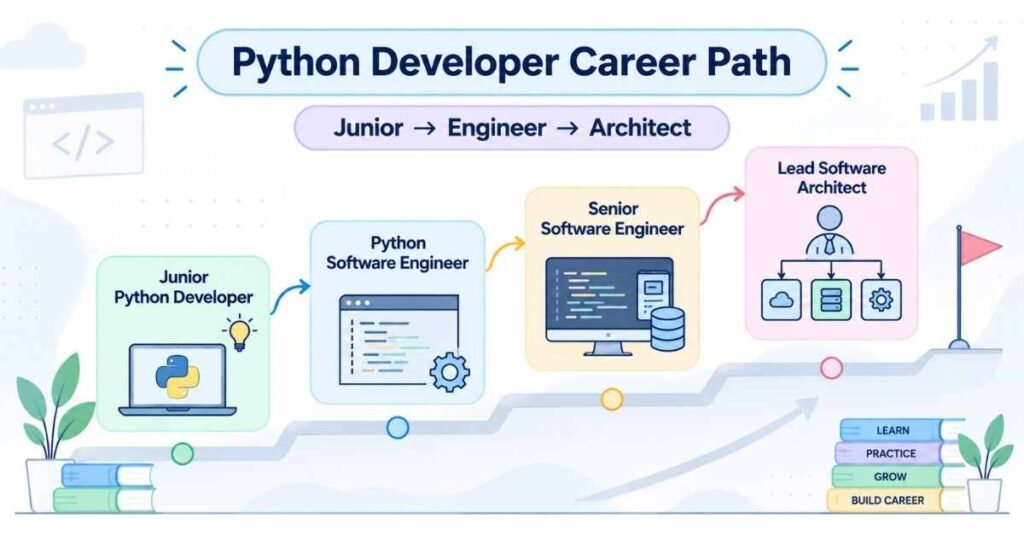 Python developer career progression from junior developer to senior engineer and software architect. | FLM | FrontlinesEduTech |