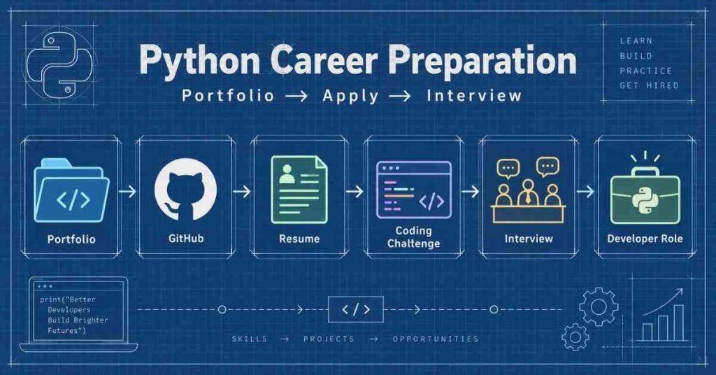 Python career preparation visual with GitHub, portfolio, applications and coding interviews. | FLM | FrontlinesEduTech |