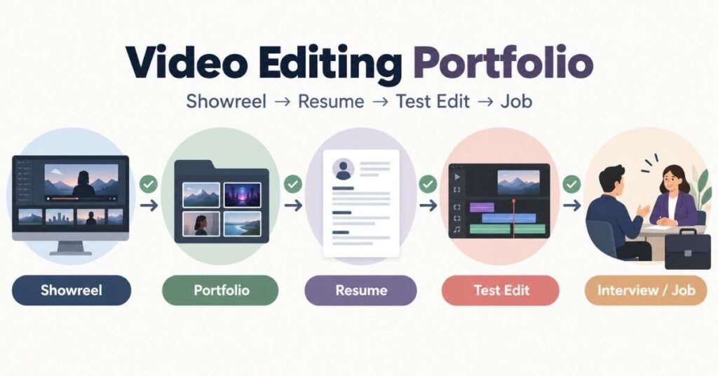 Video editing portfolio and career preparation visual with showreel, resume, test edit and interview. | FLM | FrontlinesEduTech |