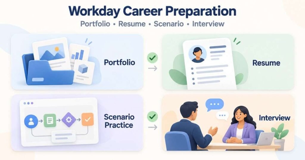 Workday career preparation visual showing portfolio, resume, scenario practice and interview steps. | FLM | FrontlinesEduTech |