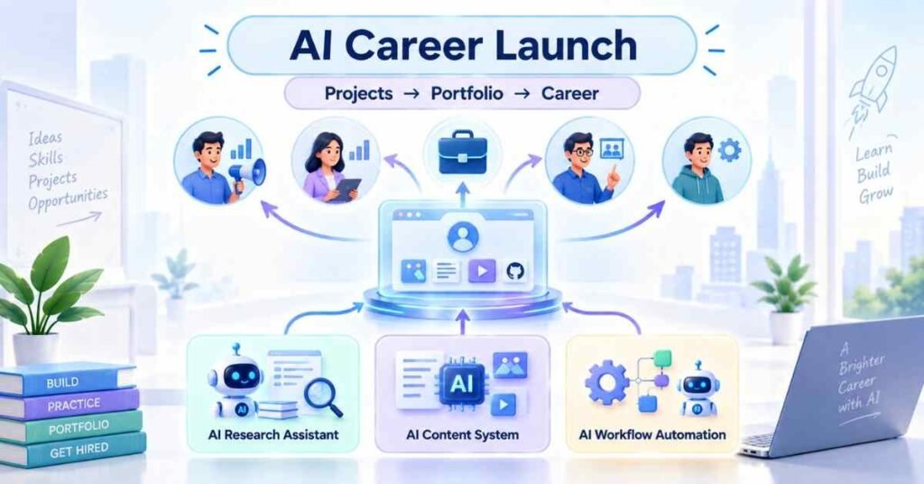 AI career launch illustration showing projects, portfolio and career opportunities. | FLM | FrontlinesEduTech |