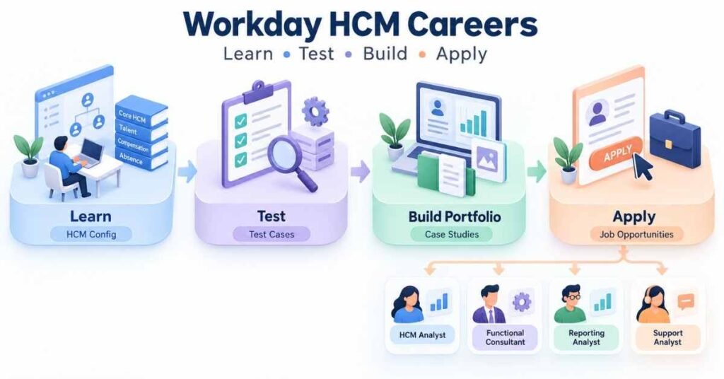Workday HCM career preparation showing learning, testing, portfolio building and job roles. | FLM | FrontlinesEduTech |