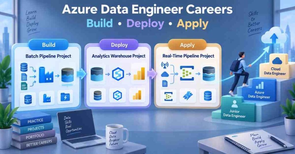 Cloud data engineering career visual showing projects, portfolio and job roles. | FLM | FrontlinesEduTech |