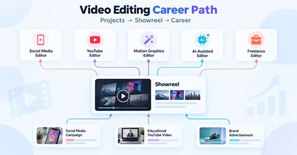 Video editing career path showing portfolio projects, showreel and professional editor roles. | FLM | FrontlinesEduTech |